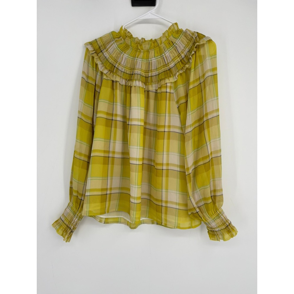 Ann Taylor Blouse Womens M Yellow Plaid Smocked Ruffle Neck Long Sleeves Top